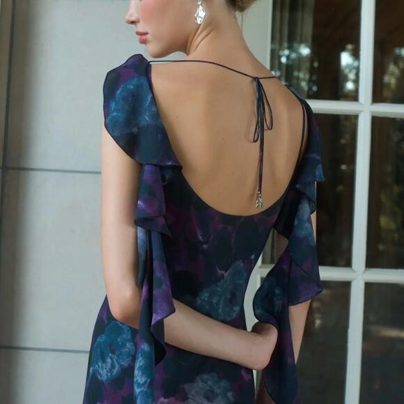 Rotate Purple Watercolor Chiffon Slip Maxi Dress SIZE 2 Ruffle Cowl Party $430 - Picture 5 of 15